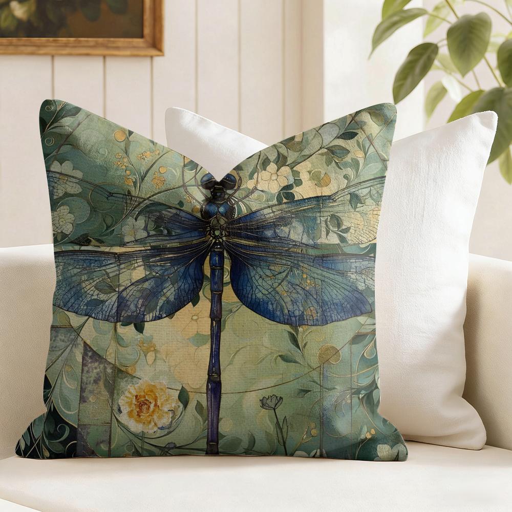 Dragonfly Lotus Cushion Cover Summer Linen Pillow Case Organic Fabric Cushion Cover DoubleSided Print Sofa Home Decor