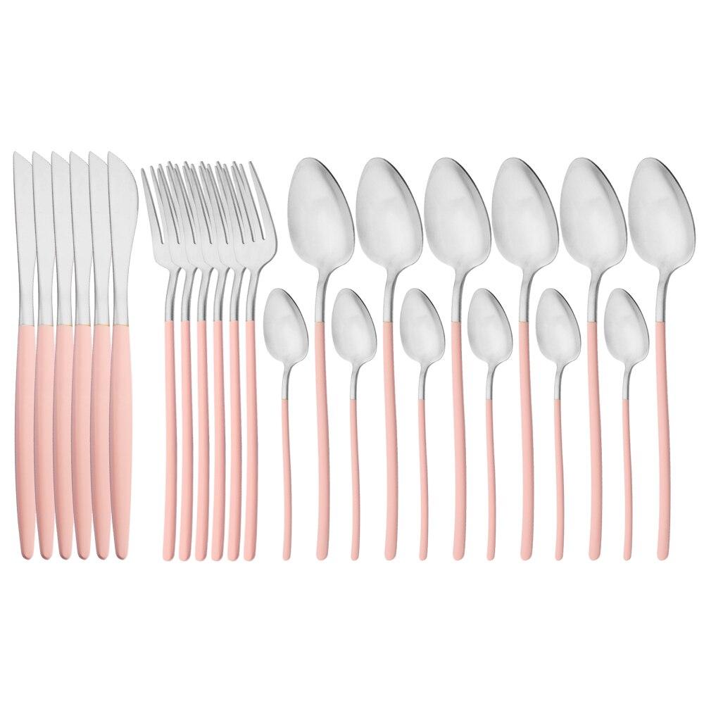 24Pcs Tableware Set for 6 Pink Matte 304 Stainless Steel Dinnerware Set Gold Dinner Cutlery Spoon Fork Knife Western Flatware