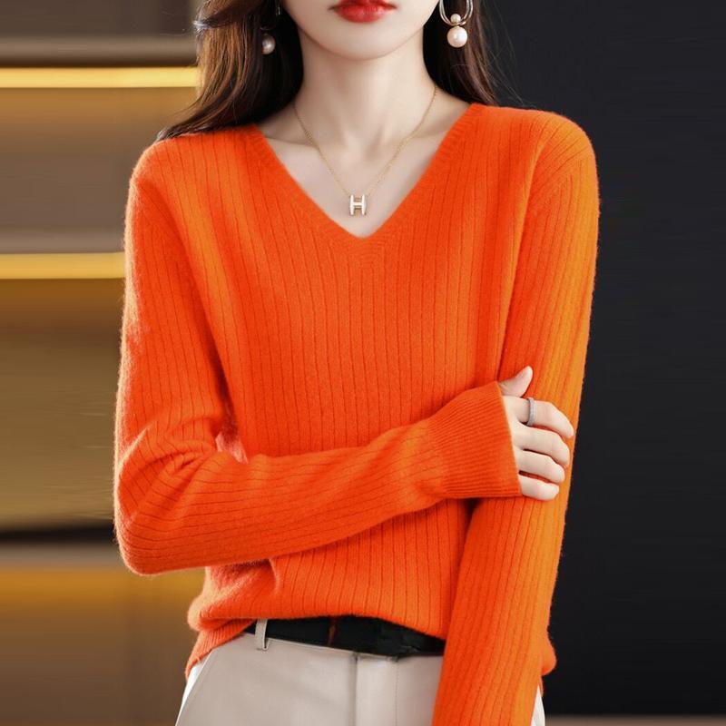 Slim Fit Женские пуловеры свитера топы осень и зима новый V-образный вырез вязаный свитер длинный рукав однотонный трикотаж одежда 28502
