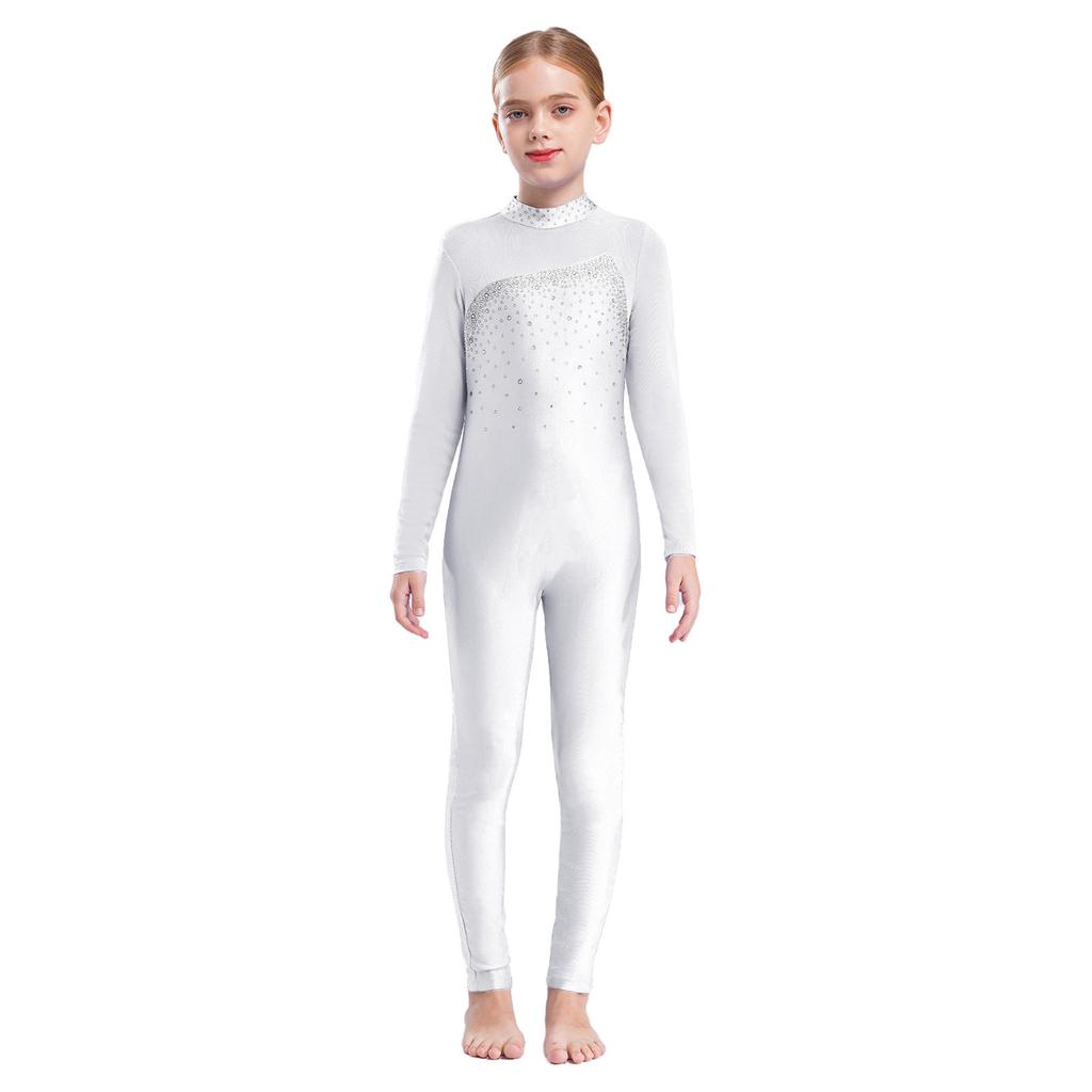 Детский цельный комбинезон с длинными рукавами для девочек, блестящий комбинезон со стразами, боди для танцев всего тела