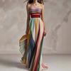 Женское strapless (без бретелей) без рукавов макси-платье облегающего кроя с высокой талией, элегантное, с радужными полосками, плиссированное, вечернее платье