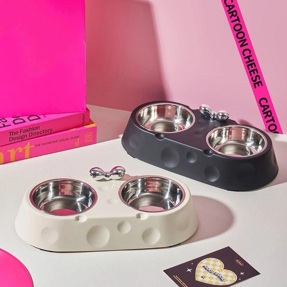 Double Bowl Puppy Food Feeder Cheese Shaped Kitten Feeding Bowl Pet Drinking Dish  Pet Supplies