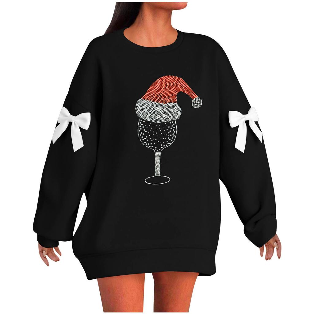 Ladies' Christmas Printed Bow Round Neck Long Sleeved Loose Pullover Sweater Sweatshirt Top
