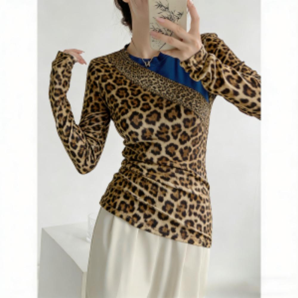 Весна Европа Америка Кот Леопардовый принт Модная женская футболка Пуловер Женская одежда с длинным рукавом Повседневные футболки для улицы Топ