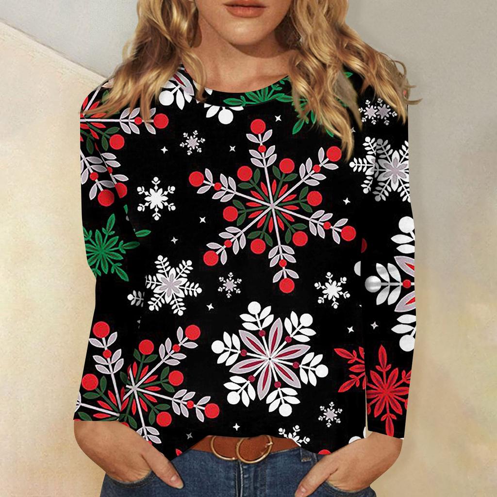 Женская модная повседневная футболка с круглым вырезом и рождественским принтом и длинными рукавами