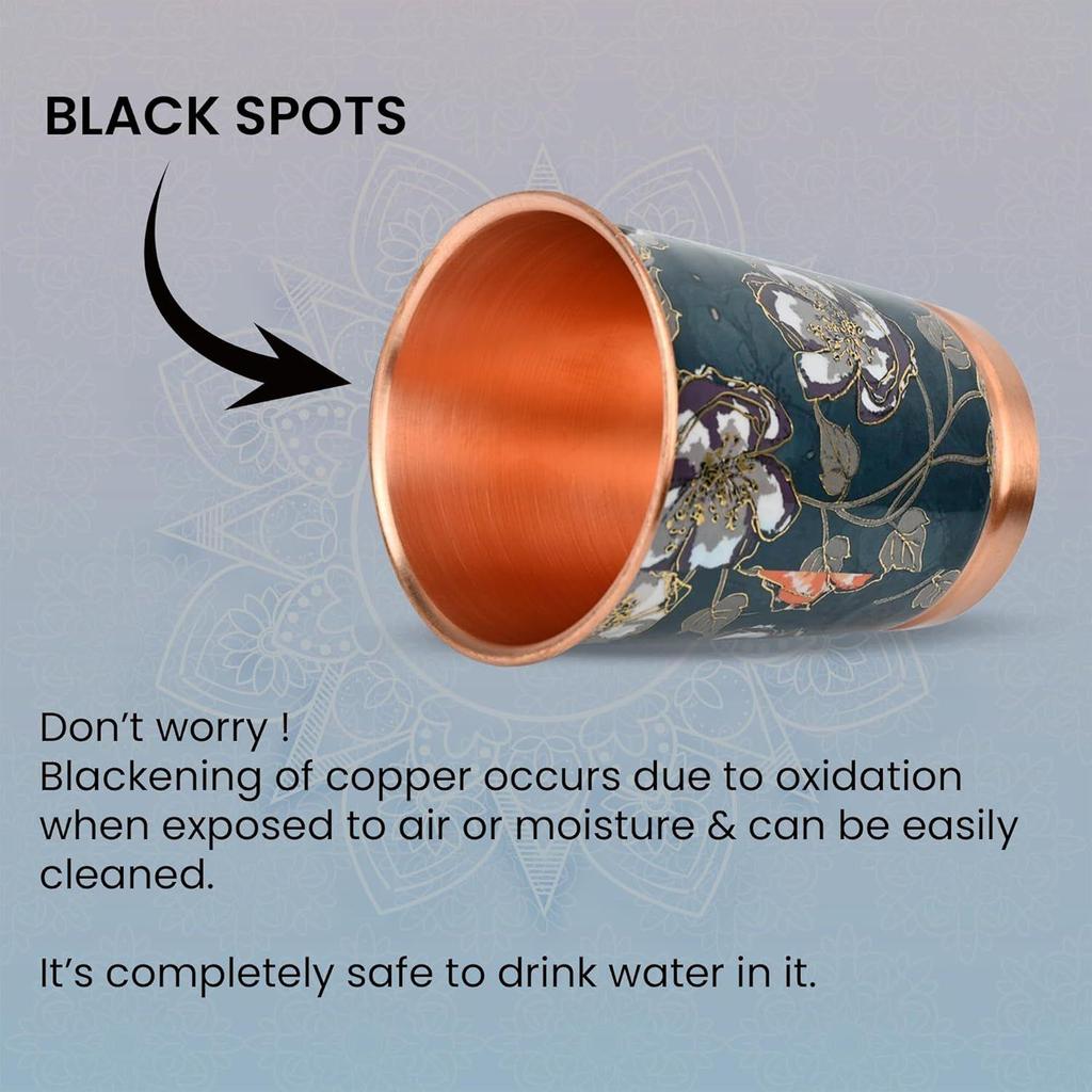 India Copper Premium Green Gold Leaf Design Set of Two Glass with Elegant Gift Box, 250 ML