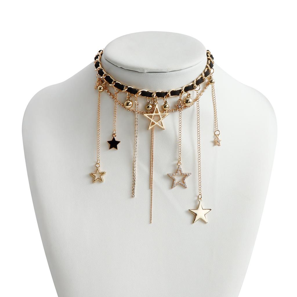 Accessories Tassel Ball Flash Diamond Pentagram Element Clavicle Chain Personality Creative Choker Necklace Female