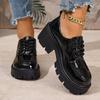 Women's Black Chunky Heel Loafers Fashion Patent Leather Platform Shoes Woman Thick Bottom Lace Up Dress Shoes Plus Size 35-43