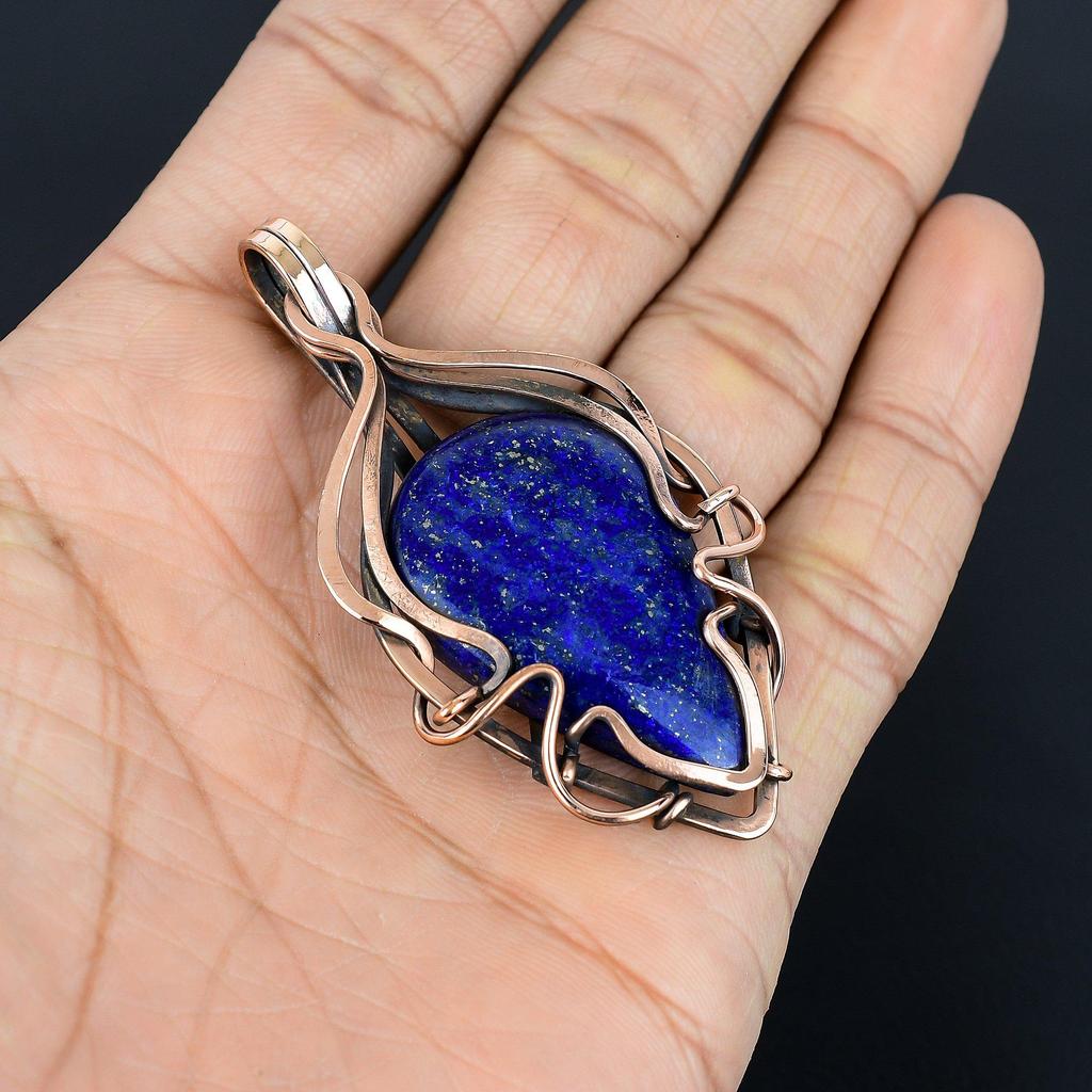 Подвеска из лазурита, ювелирное изделие из драгоценного камня ручной работы, подвеска, обернутая медной проволокой 999 пробы, ювелирная подвеска уникального дизайна
