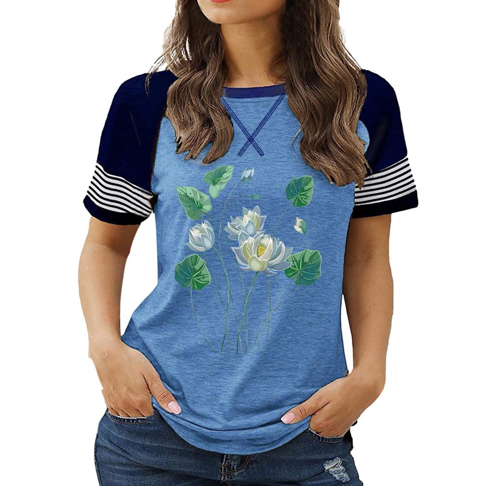 Новые поступления женской одежды больших размеров: Топ с круглым вырезом и короткими рукавами с цветочным принтом на лето