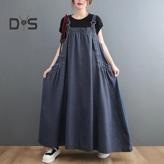 Женский джинсовый комбинезон, свободное платье-комбинезон без рукавов в стиле бохо с карманами, платье-сарафан с широким подолом и регулируемым ремешком