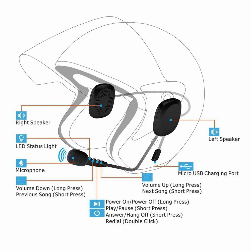 Гарнитура Bluetooth для мотоциклетного шлема V5.0 EDR с шумоподавлением, аккумулятор 250 мАч, 6 часов в режиме разговора, беспроводные наушники для внутренней связи для мотоциклетного шлема