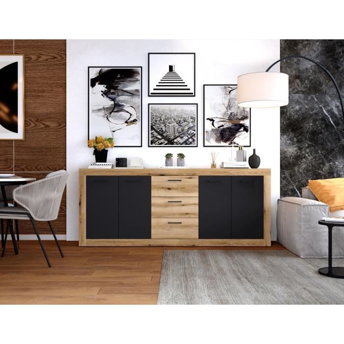 Buffet INDUS Mélaminé chêne et noir - 4 portes + 3 tiroirs - Style industriel - L 206 x P 45 x H 83,5 cm STONE