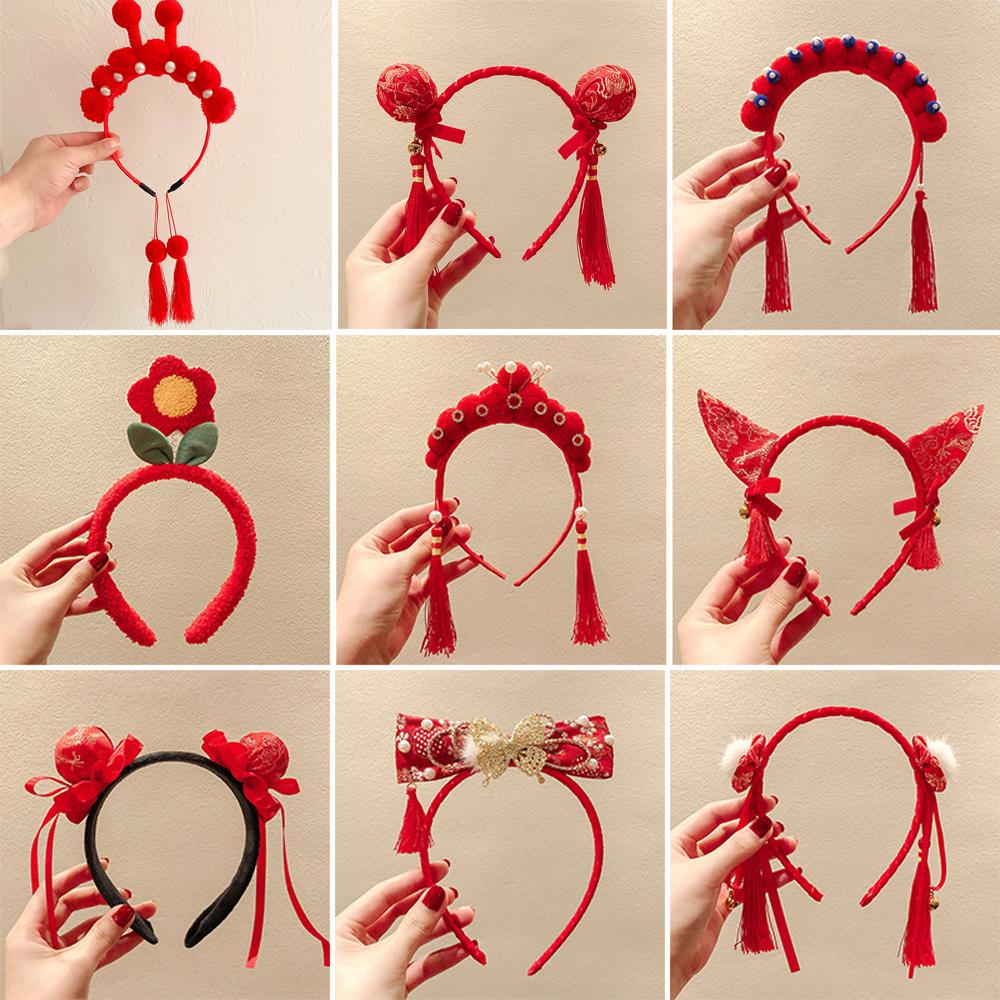 Retro New Year Gift Red Festivel Headband Head Buckle Tassel Head Hoop Peking Opera Headwear