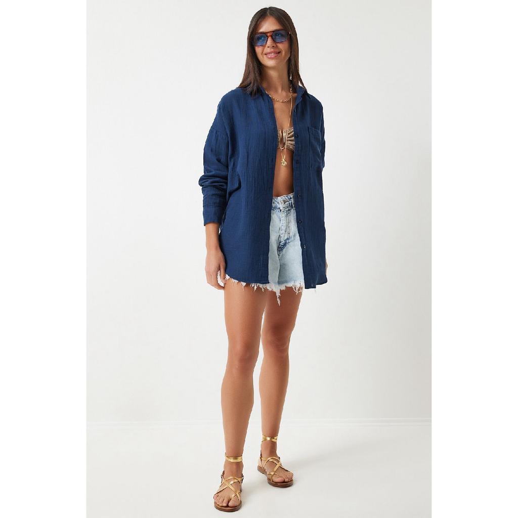 Oversize Basic Muslin Shirt Navy Blue