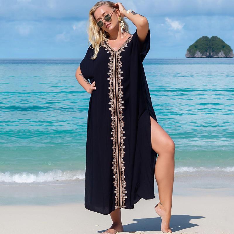 EDOLYNSA Elegant Gold Embroidered Kaftan Long Black Tunic Loose Maxi Dress Women Summer Clothing Beach Wear Swim Suit Cover Up Q1455
