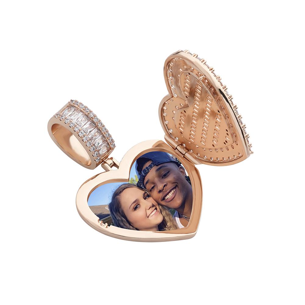 Custom 57mm X 40mm Hip Hop Iced DIY Photo Frame CZ Pendant One Heart Photo Locket Pendant Zircon Stones Personalized Brass Charm