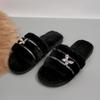 Metal Butterfly Decor Plush Slippers Women Indoor Home Open Toe Faux Fur Slides Woman Shiny Crystal Comfortable Fluffy Slippers