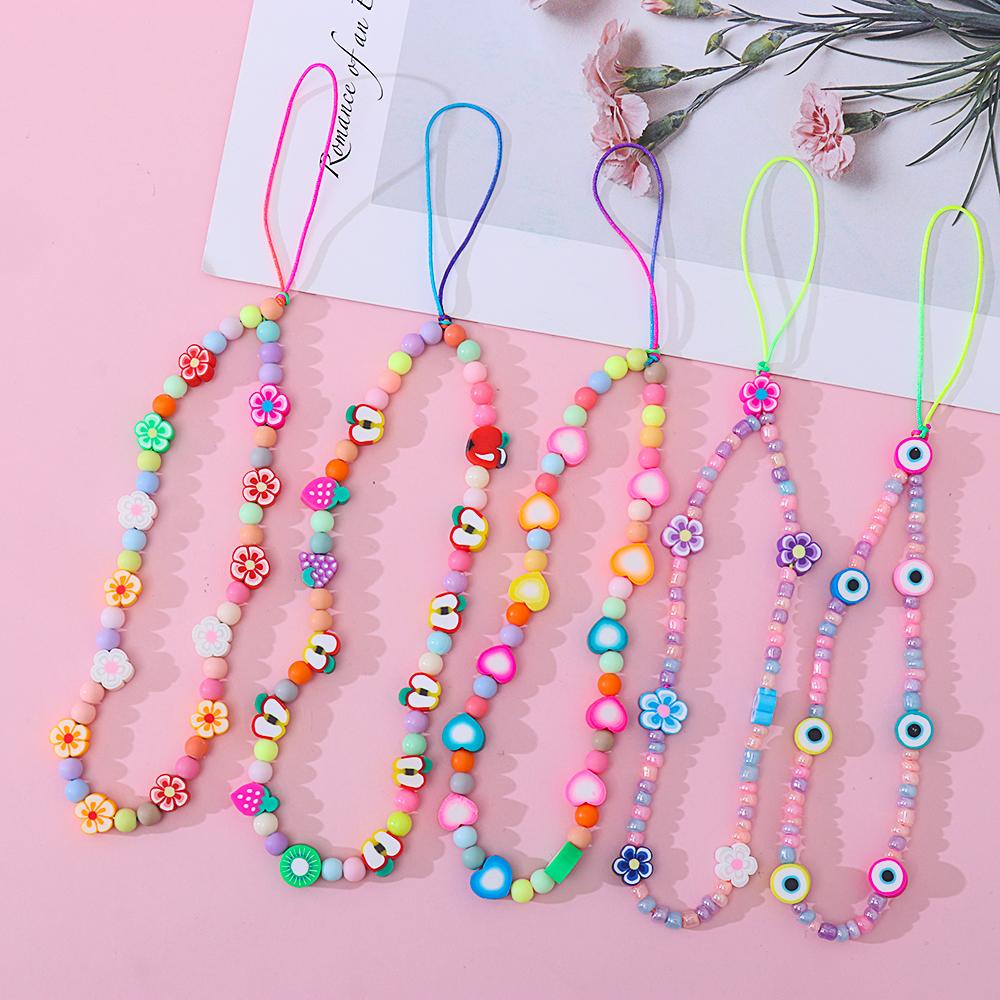 Colorful for Keys Pearl Rope Phone Case Hanging Cord Phone Lanyard Mobile Phone Chain Soft Clay