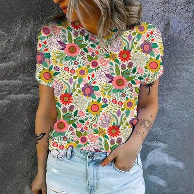 Элегантная женская футболка с коротким рукавом, летняя, комфортная женская футболка с ретро-цветочным принтом, модная футболка с принтом