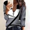Long Sleeve Loose Women Blouse Soft Texture Zipper Neck Geometric Print Patchwork Top Clothing