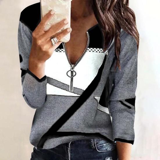 Long Sleeve Loose Women Blouse Soft Texture Zipper Neck Geometric Print Patchwork Top Clothing
