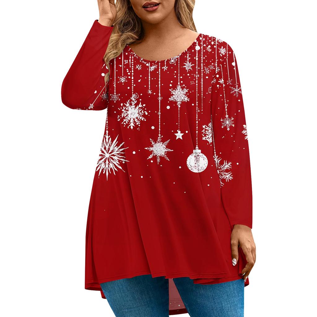 Women's Fashion Large Size Round Neck Long Sleeve Casual Christmas Print Loose Pullover Top