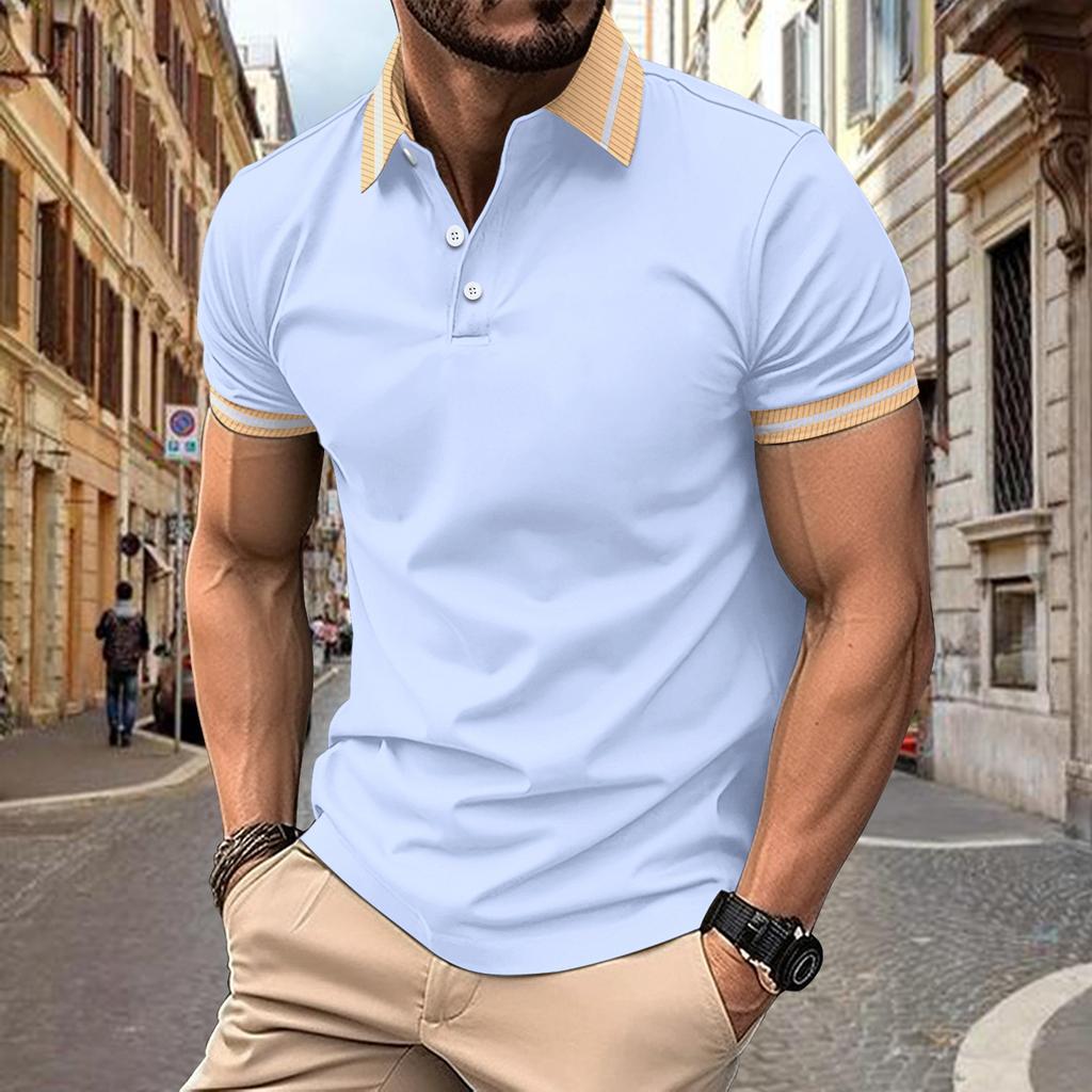 Men's Fashion Polo Shirt Colour Blocking Buttons Top Men's Sports Polo Shirt New Short-sleeved Body Shirt