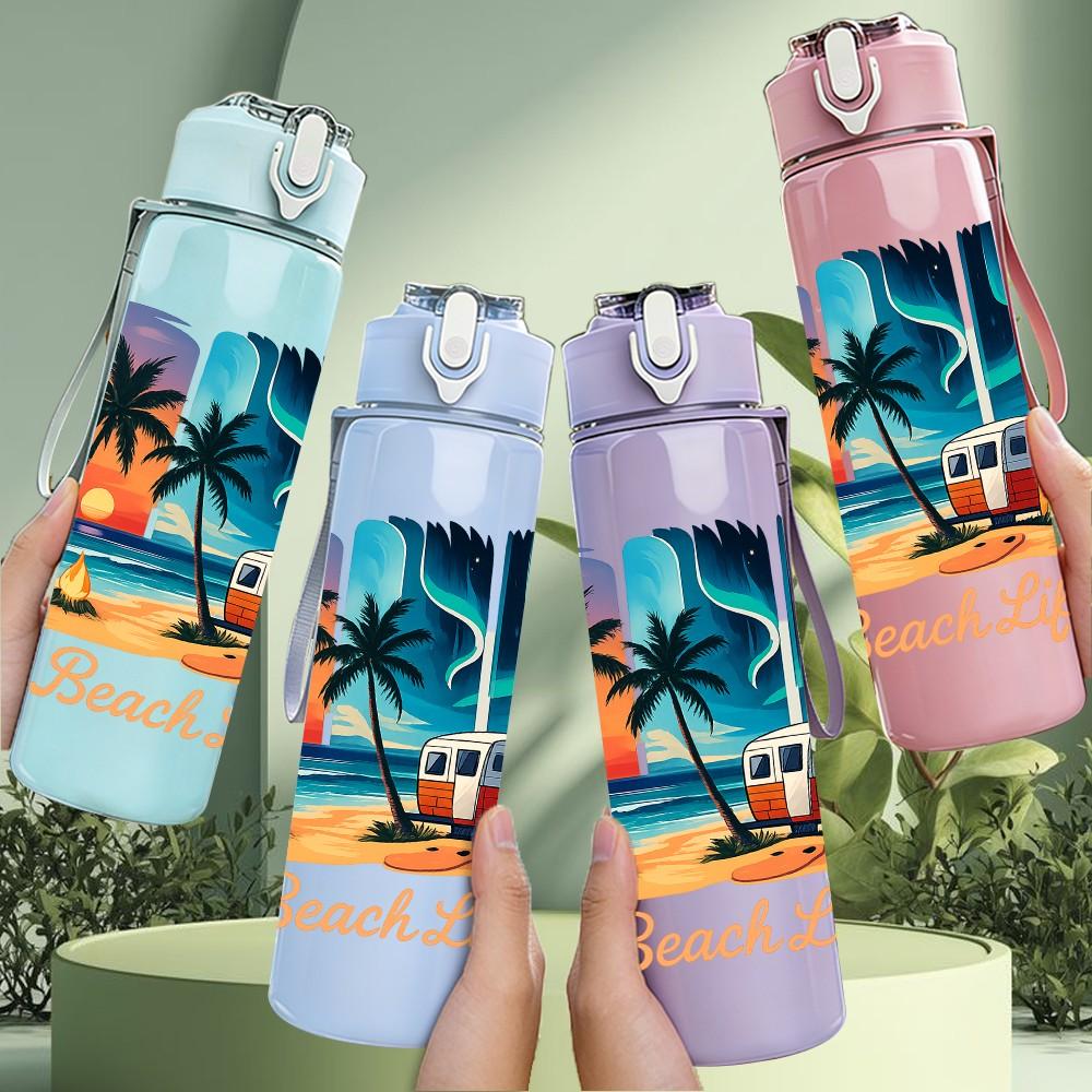1PC Beach Life Tropical Coast Poster 750ml Color Plastic Sports Water Bottle Leakproof Flip Straw Lid Suitable for Sports Office Home Use