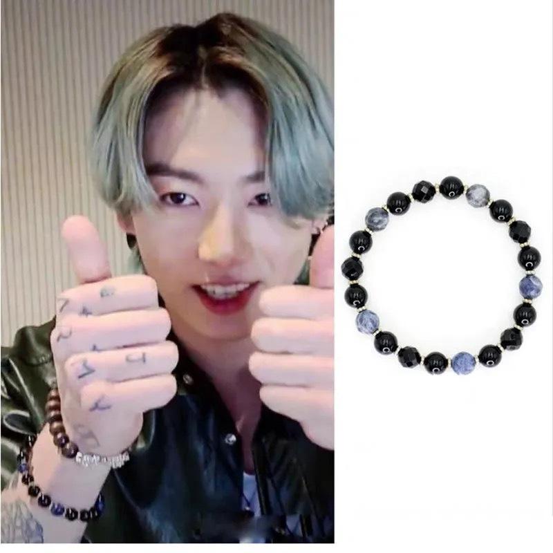 BTS Браслет с бусинами из черного агата Jungkook Мужской Женский Граненые Бусины из Камня Эластичная Резинка Фан-Атрибутика K-pop Идола Украшение Подарок ARMY