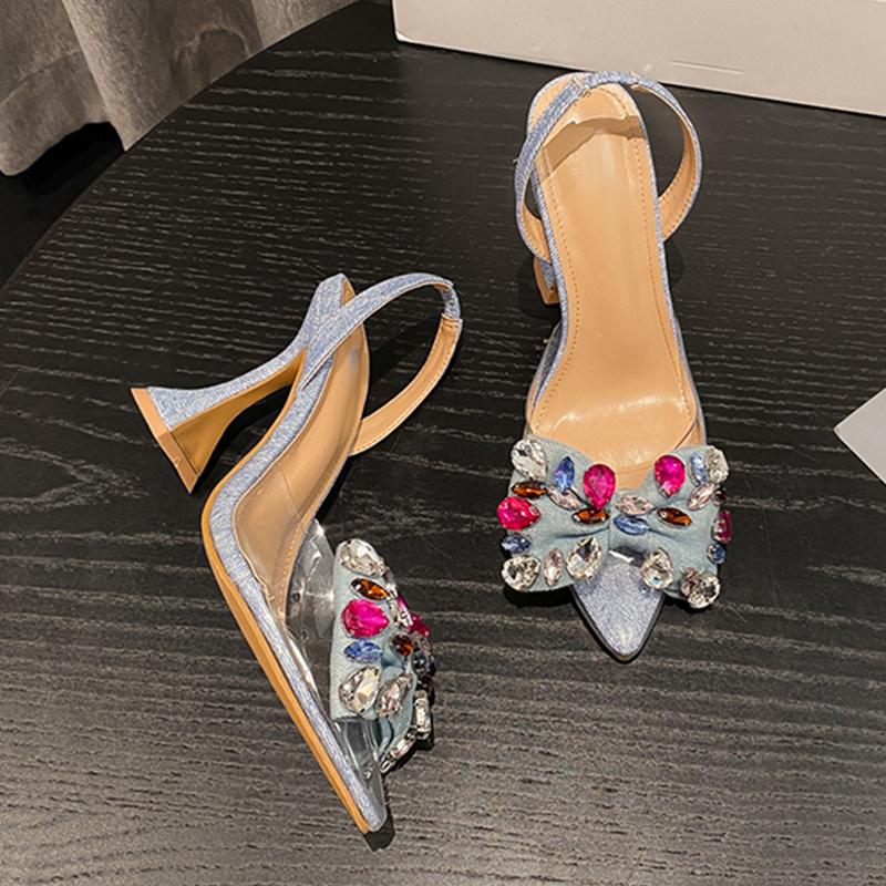 Aneikeh Весенняя Мода Стразы Бант Женские Туфли Лодочки Высокие Каблуки Острый Носок ПВХ Прозрачные Сандалии Вечеринка Свадьба Выпускной Обувь