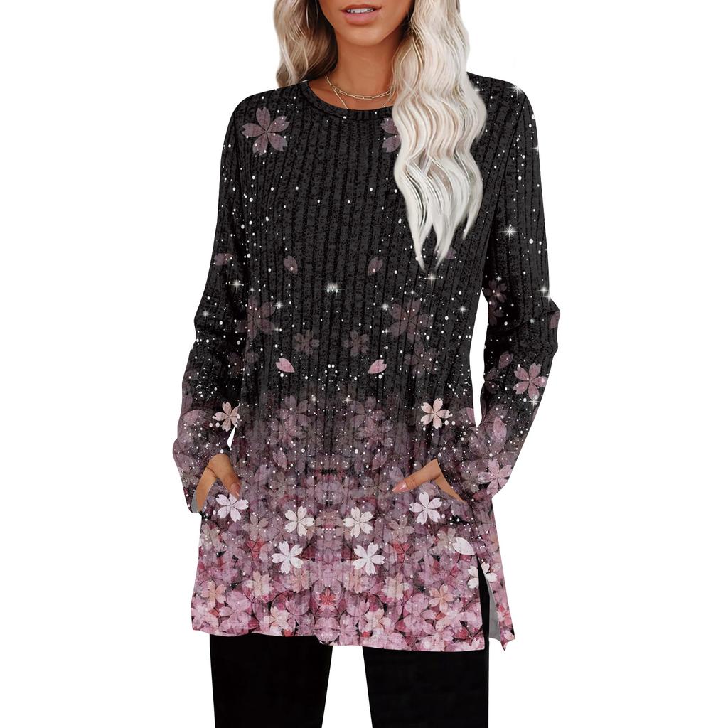 Womens Sweaters Crewneck Long Sleeve Shirts With Pockets Fall Outfits  Fashion Winter Clothing Side Slit