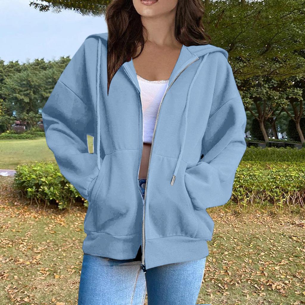 Women's Casual Fashion Solid Color Long Sleeved Zippered Hooded Sweatshirt