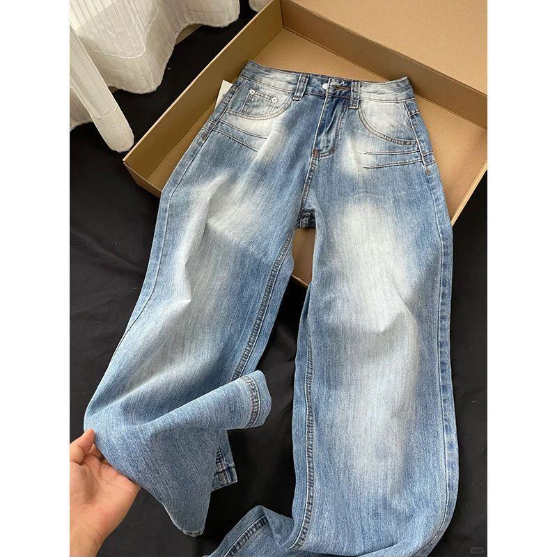 Design American high-waisted straight jeans women's large-size retro summer new fat mm loose and thin wide-leg pants