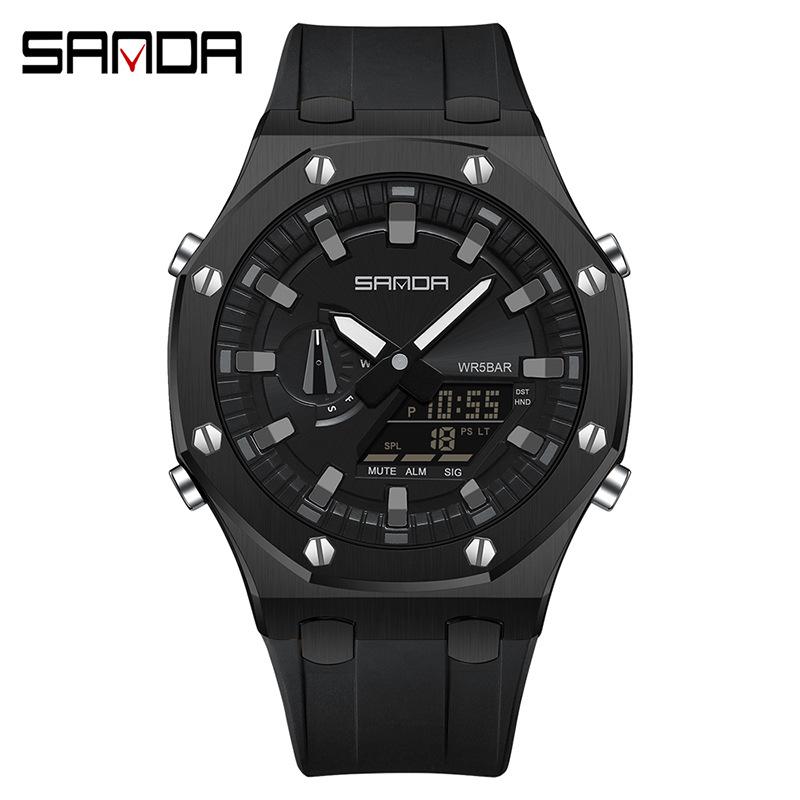 Sanda Octagonal Oak Men's Electronic Sports Watch - Waterproof, Lightweight, with Alarm Clock