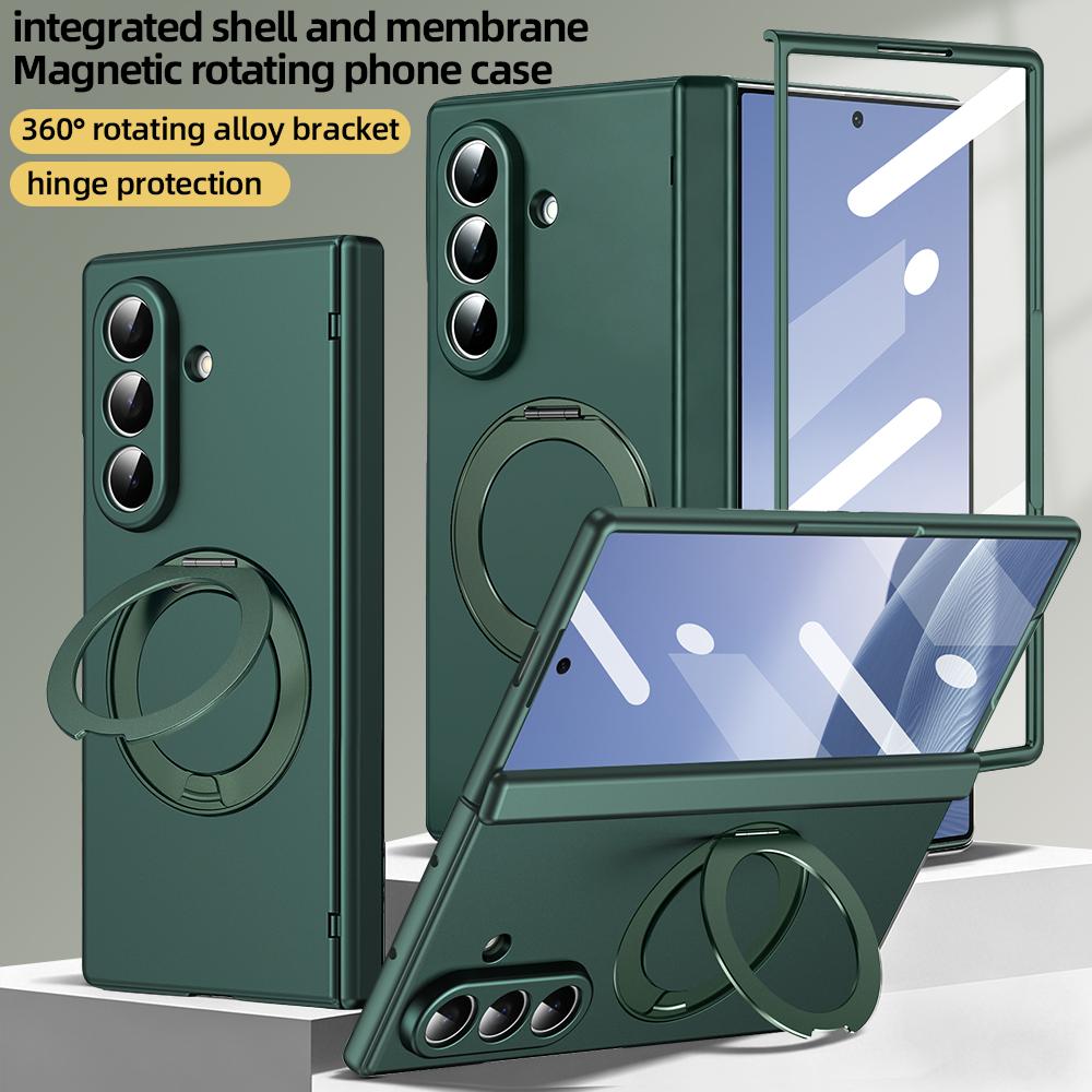 VIETAO Anti-Fingerprint Full Cover Magnetic Phone Case for Galaxy Z Fold 8 7/6/5 with 360° Rotatable Holder, Built-In Glass Film