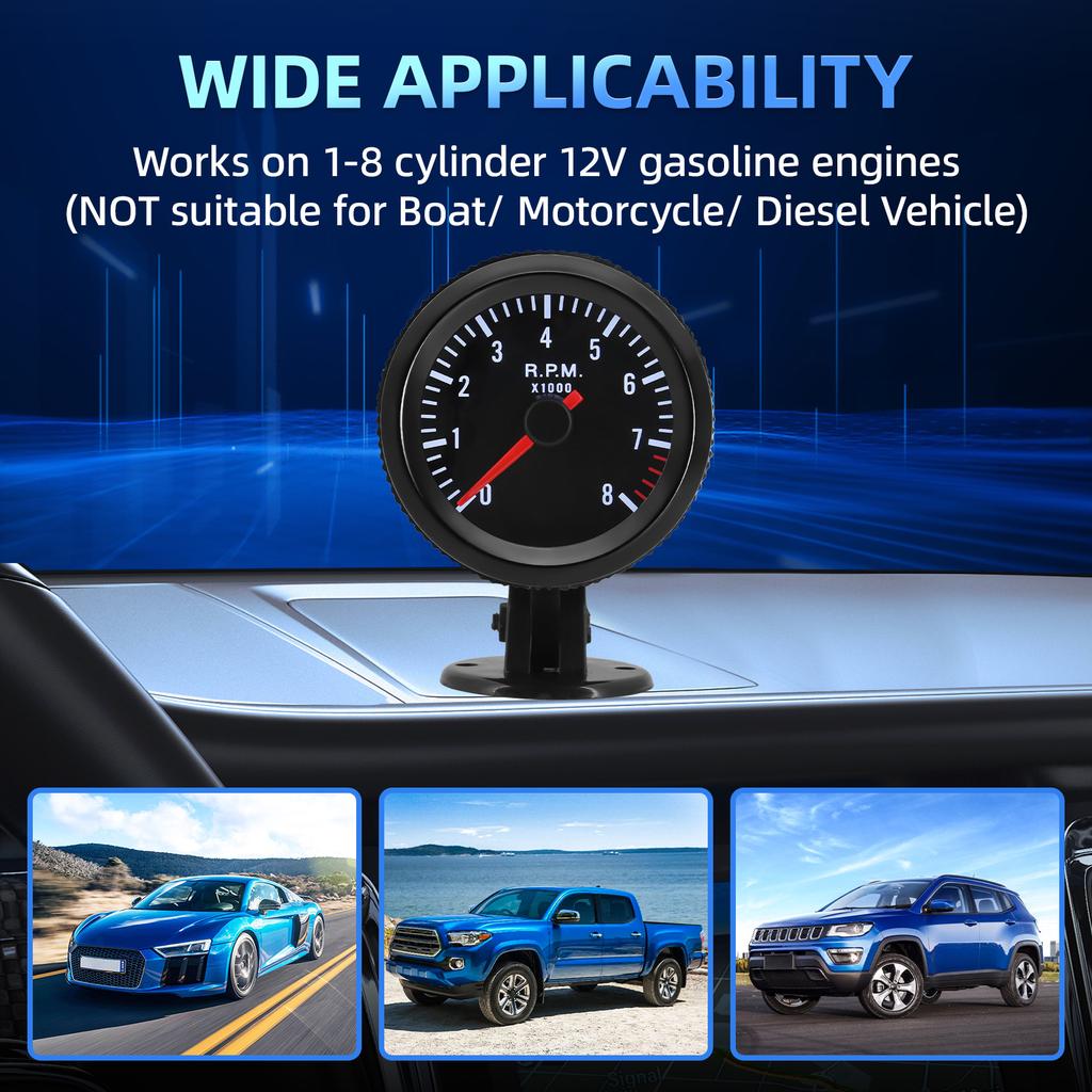 52mm Car RPM Gauge 0-8000 PRM Tachometer With LED Backlight For 1~8 Cylinder For 12V Car Engine Auto Car Tacho Indicator