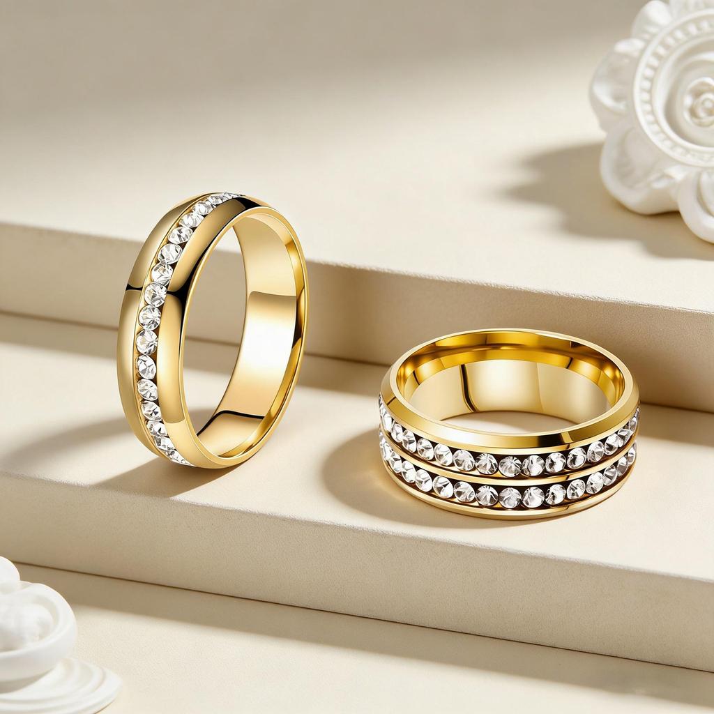 Ретро парные кольца из титановой стали с рядом бриллиантов