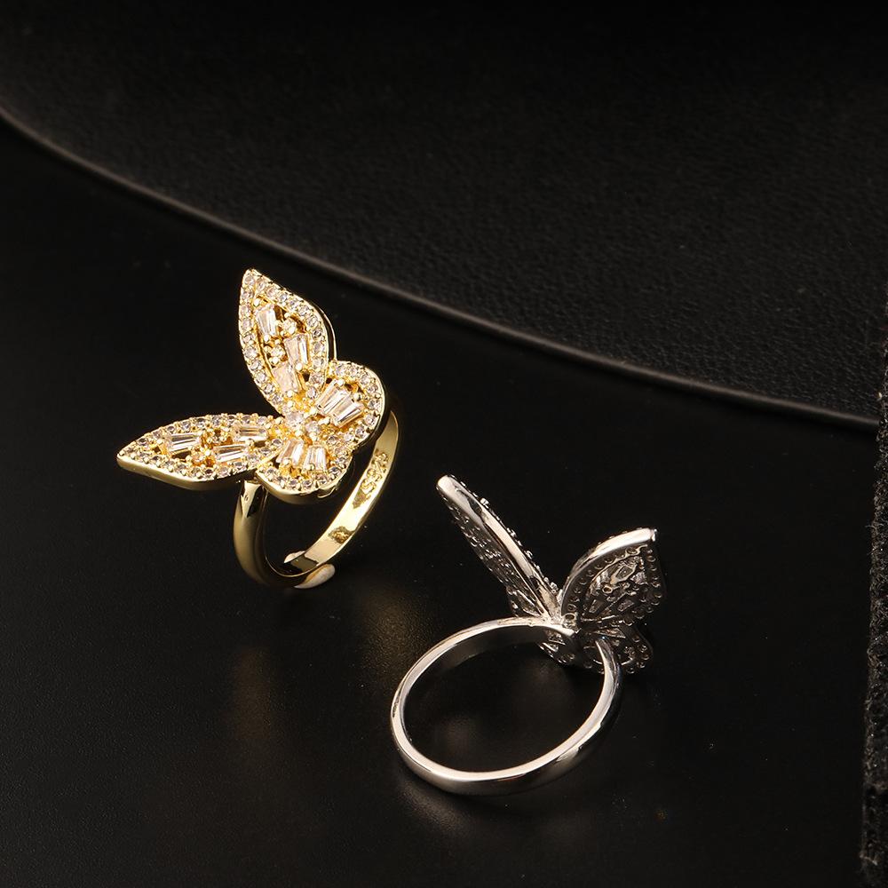 Customized Light Luxury Retro 18K Gold Plated Copper Zircon Butterfly Ring Ins Cold Wind Adjustable Women Jewelry Gift