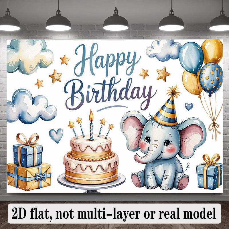 Happy Birthday Elephant Theme, 1pc Polyester Party Backdrop Banner, Photo Booth Background, Wall Decor