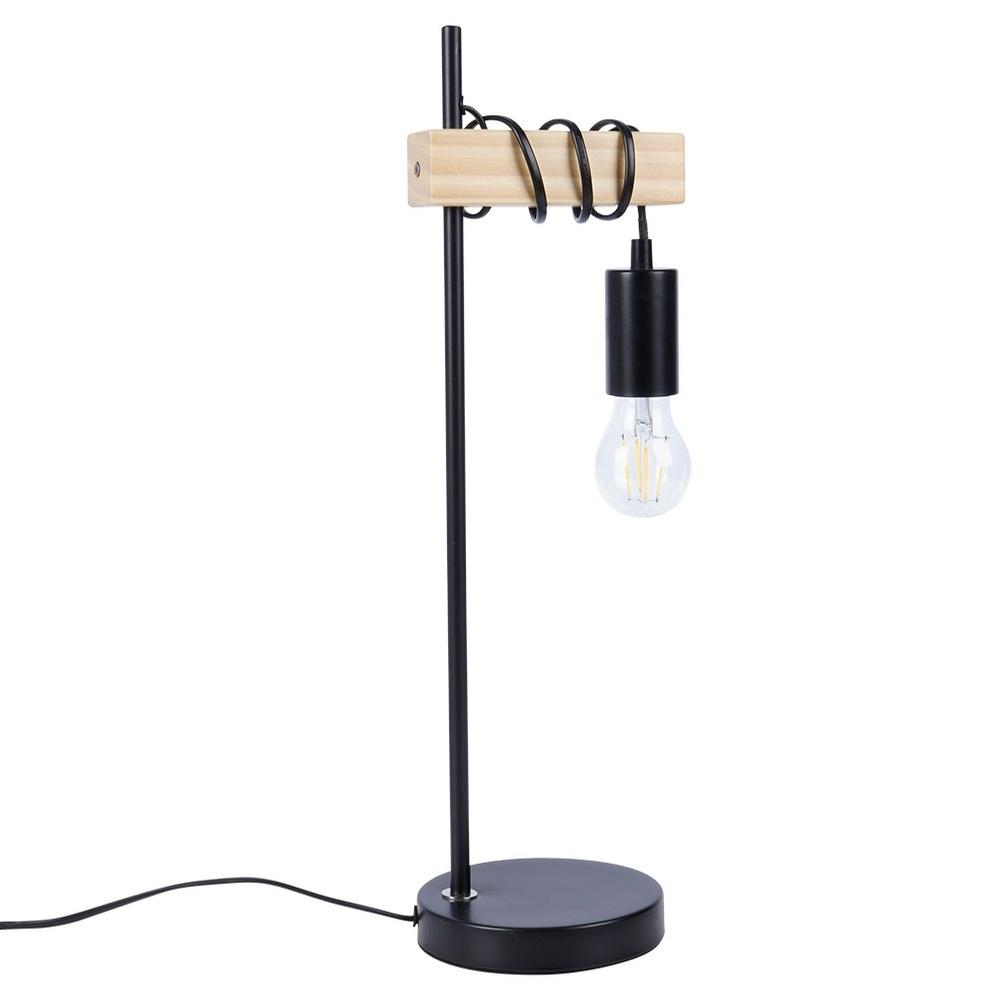 Lampa Stołowa Nocna na Szafkę Lampka Metalowa Drewniana Czarna Loftowa