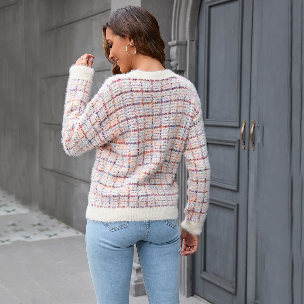 Women's Autumn and Winter Patchwork Crew Neck Knit Casual Sweater