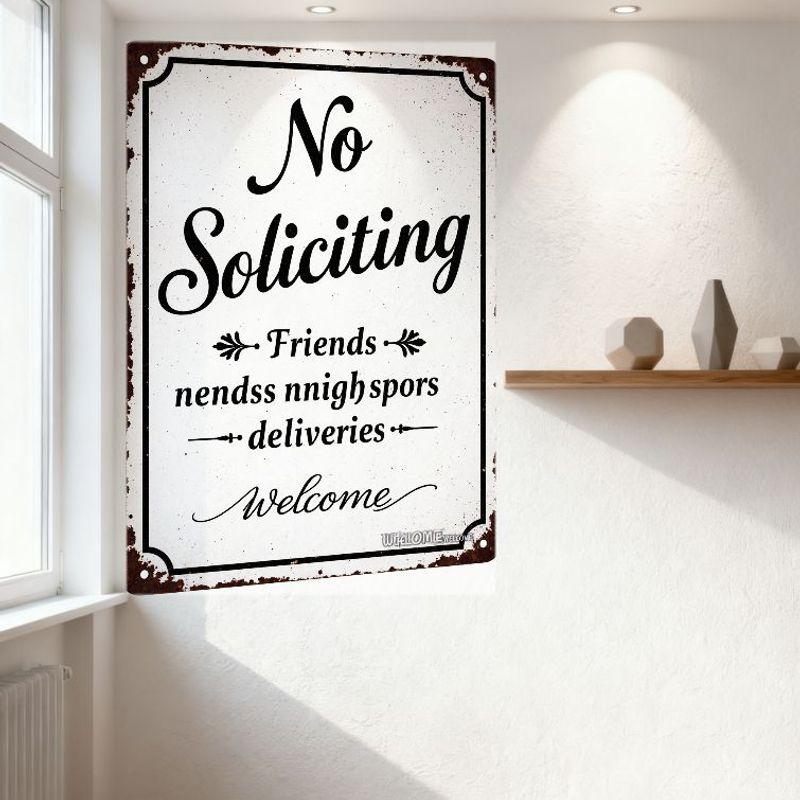 Vintage Rustic Metal Tin Sign 'No Soliciting Friends nendss nnighspors deliveries Welcome' Decorative Plaque for Home Cafe Man C