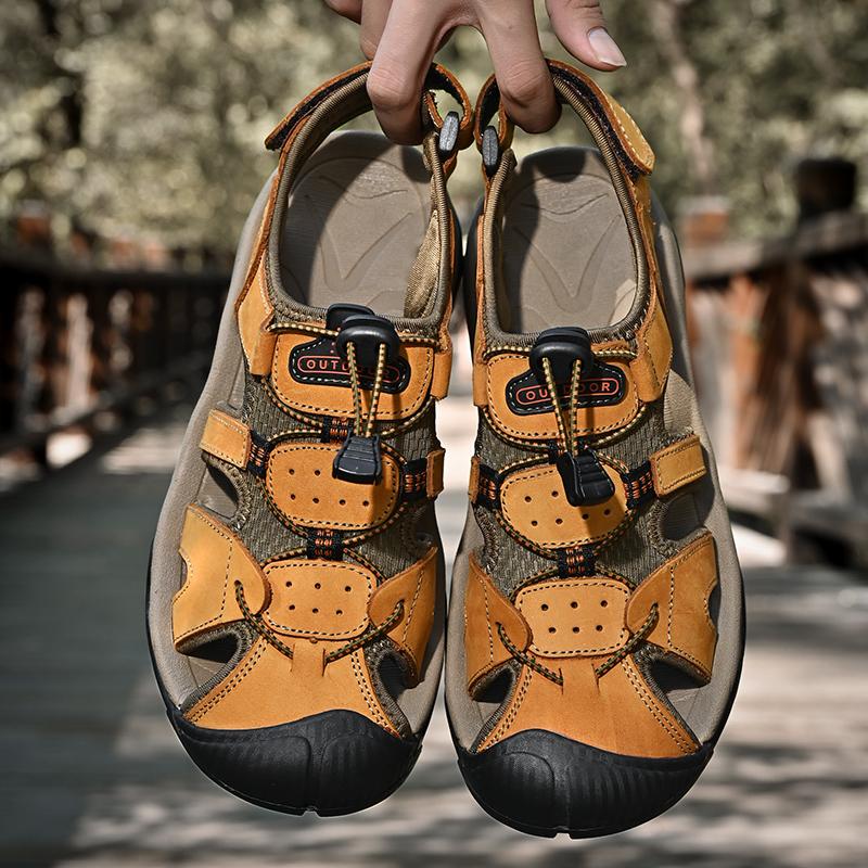 Кожаные мужские пляжные сандалии для воды, летние уличные повседневные спортивные сандалии с закрытым носком, нескользящие мягкие походные забродные кроссовки