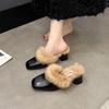 Fashion Women Slippers Pointed Toe Elegant Mules Slippers Autumn Furry High Heels Shoes Women Office Work Slides Women Zapatos De Mujer