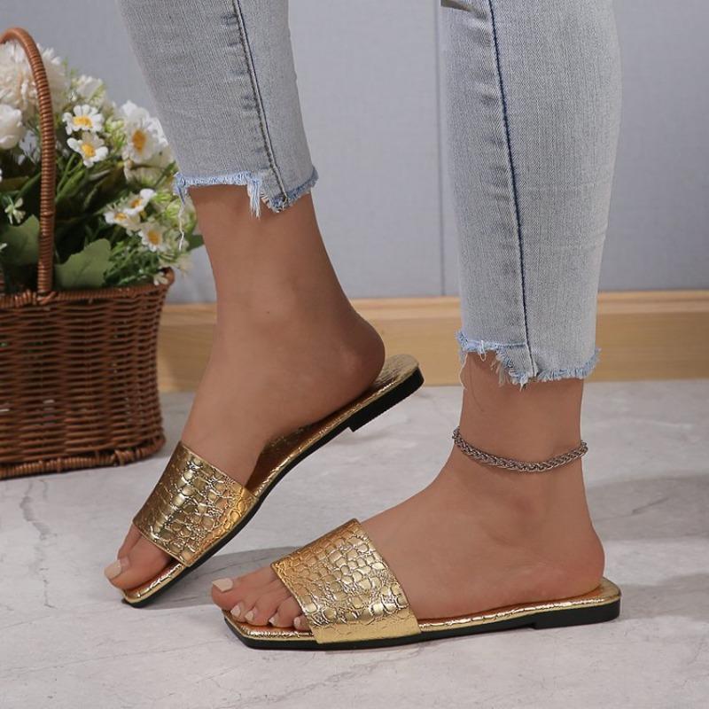Летние женские туфли большого размера на плоской подошве с принтом змеи One Word Beach Sandals Slippers