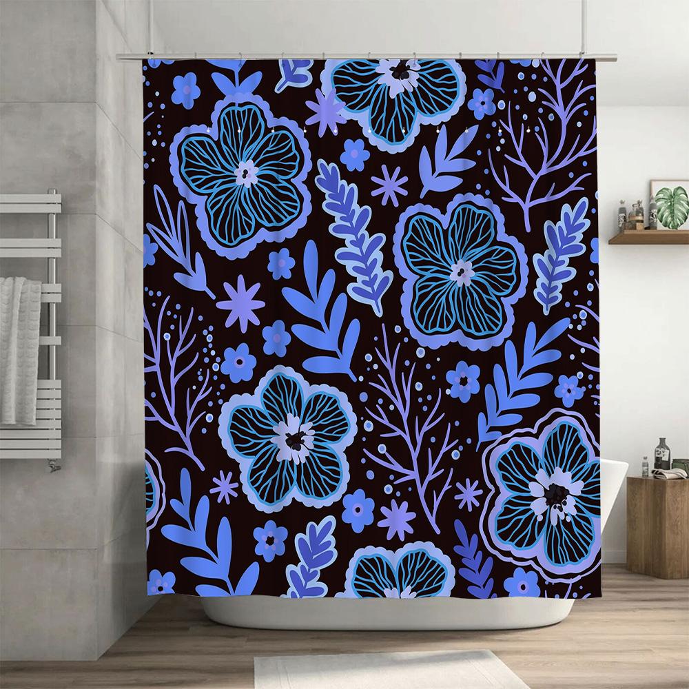 Floral Shower Curtain Waterproof Fabric Print Blue Flower Decorative Bath Rug Home Decoration 3D Black Background Shabby Chic Bo
