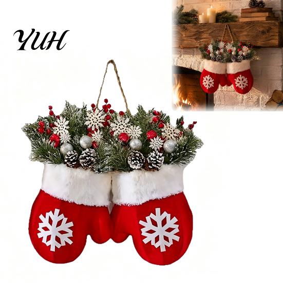 Pine Cone Berry Wreath Christmas Mitten/Stocking Wreath, Decorative Artificial with Berries Cones, Gift for Home Branches, Holiday Hanging Decoration