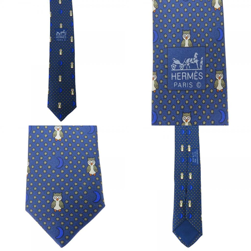 Used HERMES Tie Shane Dunkle Pattern Owl Silk Navy Suit