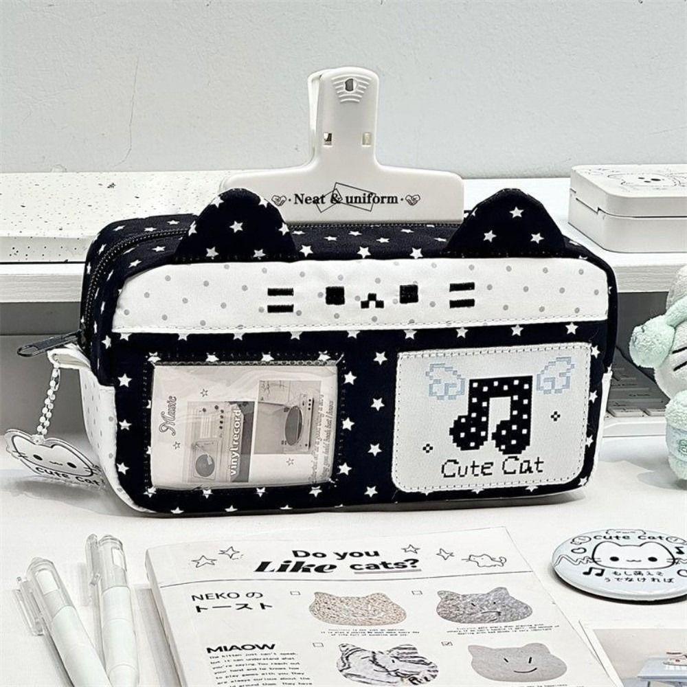 Cat Ear Design Pencil Case Pixel Music Not Print Stationery Bag Pencil Pouch School Supplies